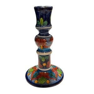 TARVERA Talavera Puebla Hand-Painted Candlestick Holder Floral Blue Signed